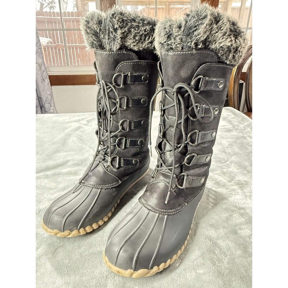 Yuu Fiona Boots Womens Size‎ 10 Black Faux Fur Duck Winter Snow Warm Lace Up